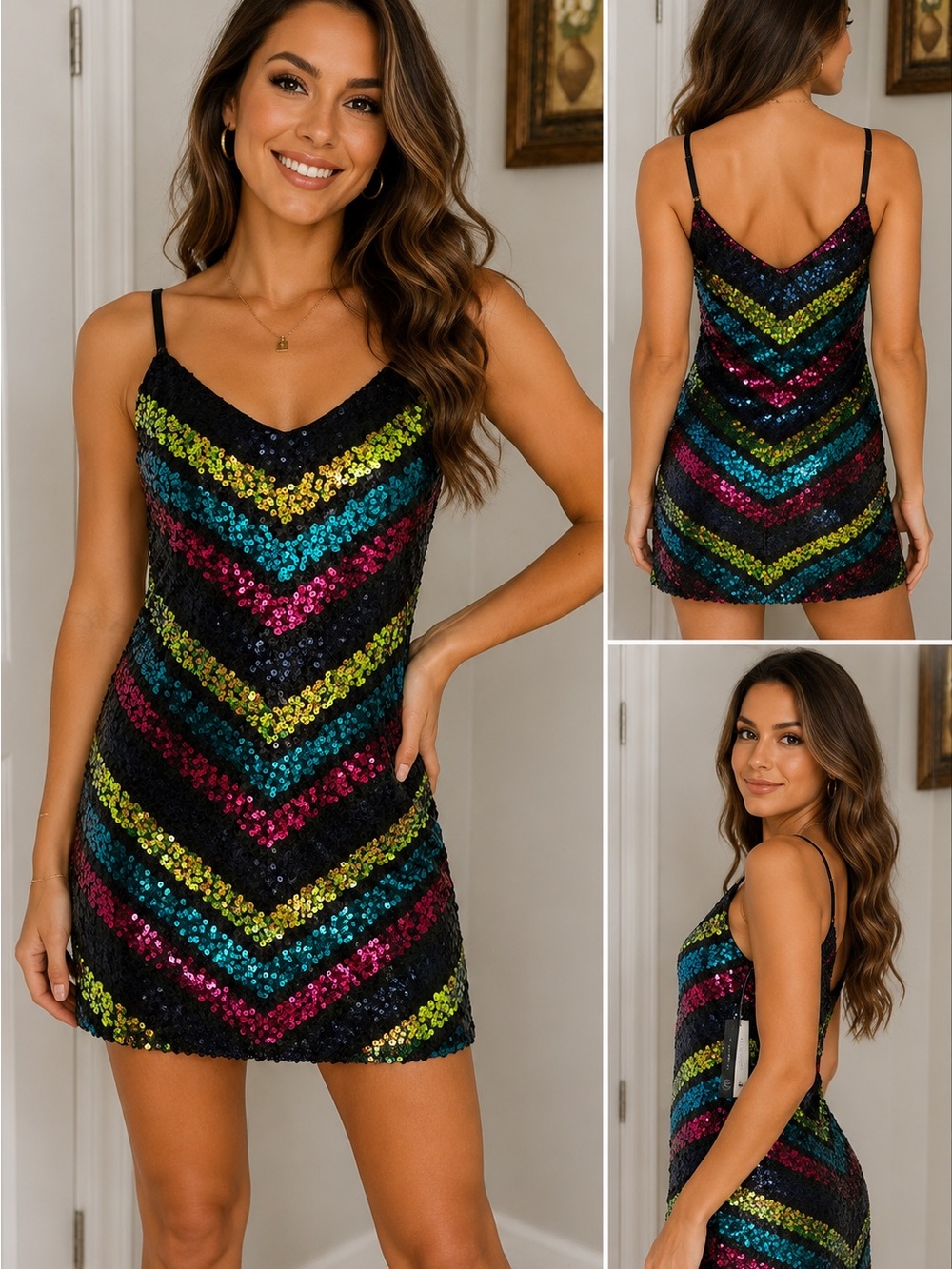 As U Wish Black Sequin Slip Dress with Pink, Blue, Green, Yellow Chevron Stripes
